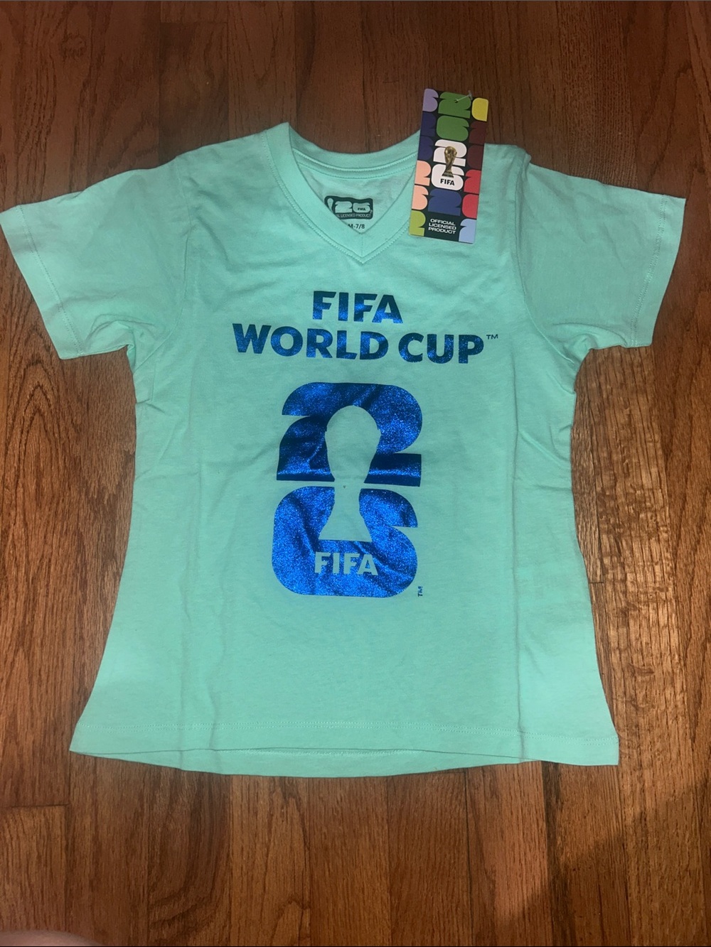 World Cup FIFA Girls' Aqua V-Neck Graphic Tee Multiple Sizes NWT